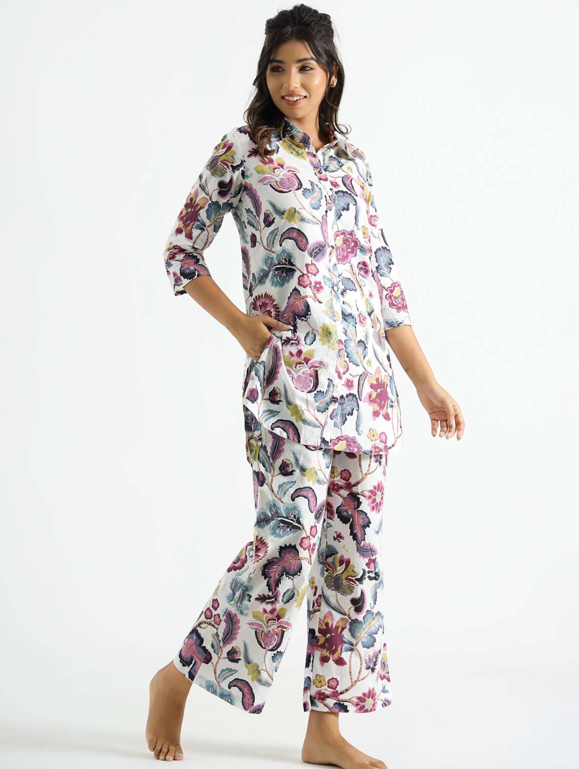 women printed three quarter sleeve co-ord set - 22013434 -  Standard Image - 1