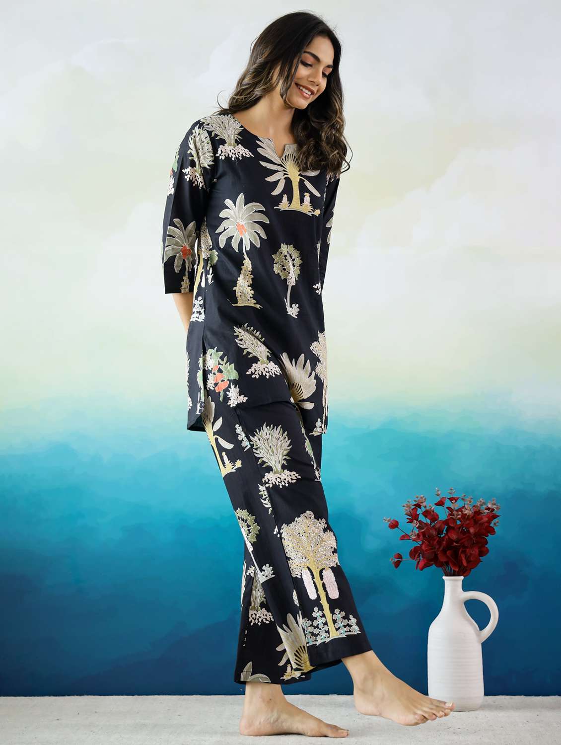 women printed three quarter sleeve co-ord set - 22013437 - Standard Image - 1
