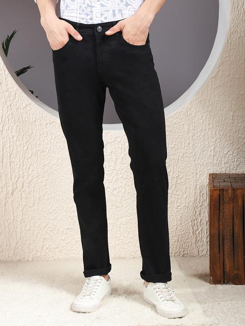 men black plain mid rise relaxed fit jeans - 22013446 - Standard Image - 0