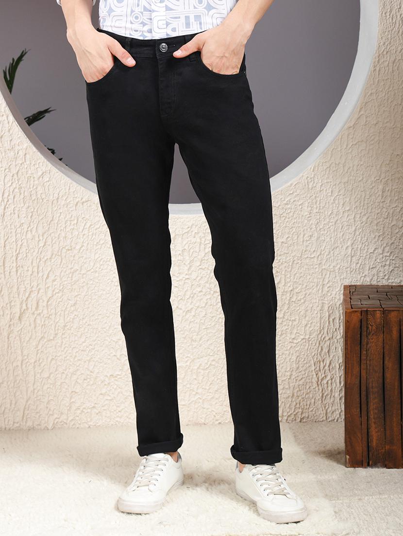 men black plain mid rise relaxed fit jeans