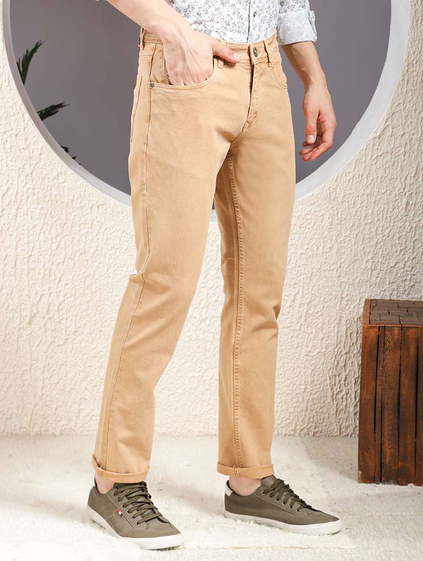 men khaki plain low rise slim fit jeans - 22013448 -  Standard Image - 1