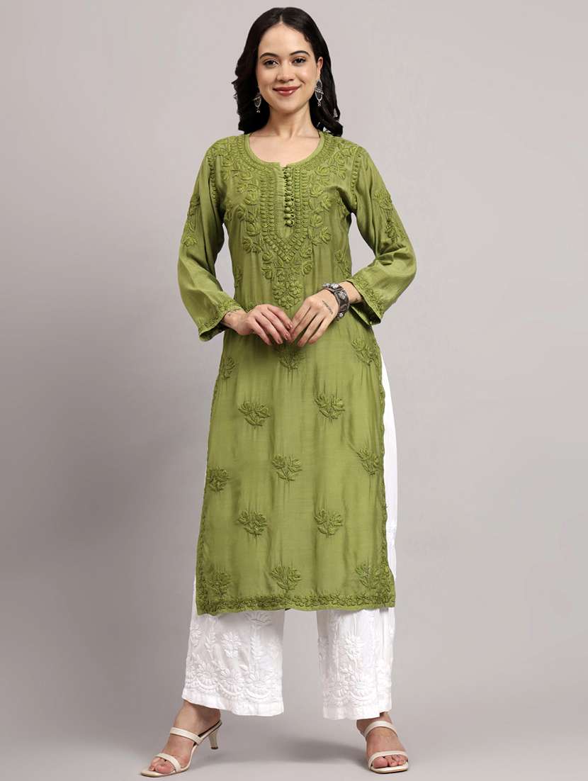 women long sleeve chikankari straight kurta - 22013537 -  Standard Image - 1