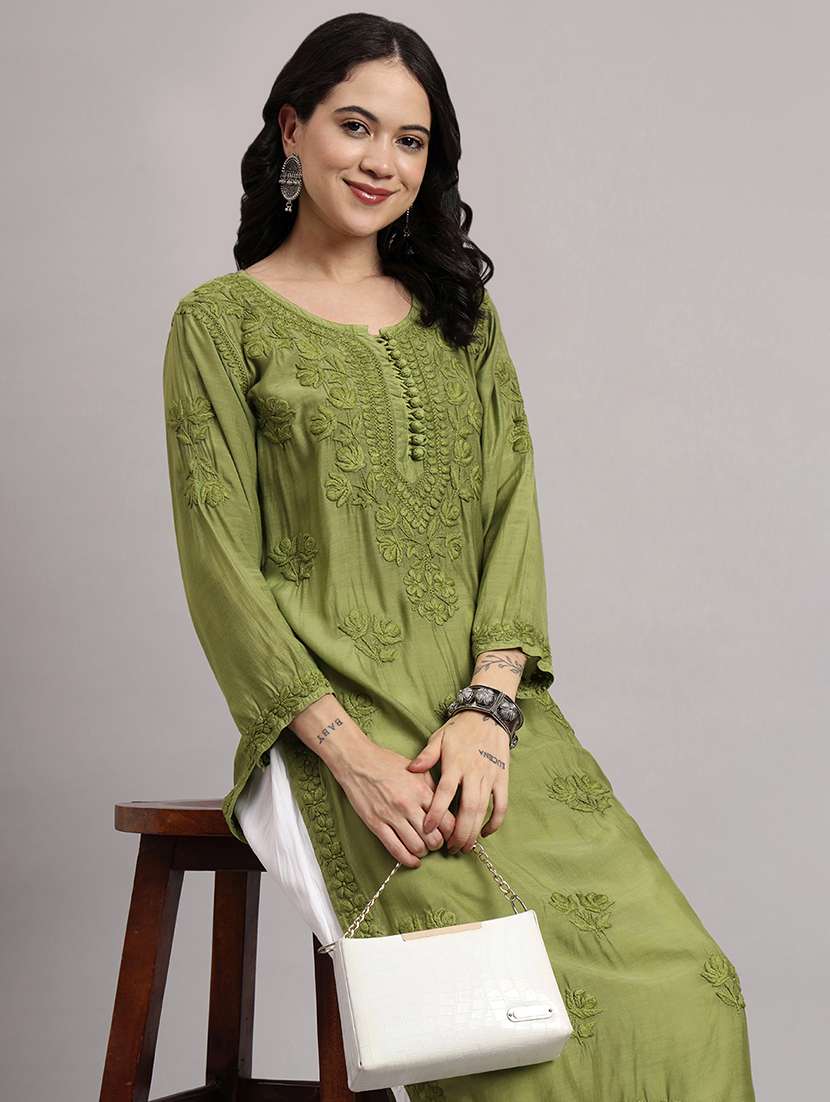 women long sleeve chikankari straight kurta - 22013537 -  Standard Image - 4