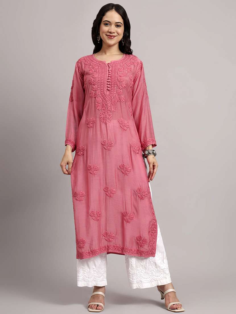 women long sleeve chikankari straight kurta - 22013538 -  Standard Image - 1