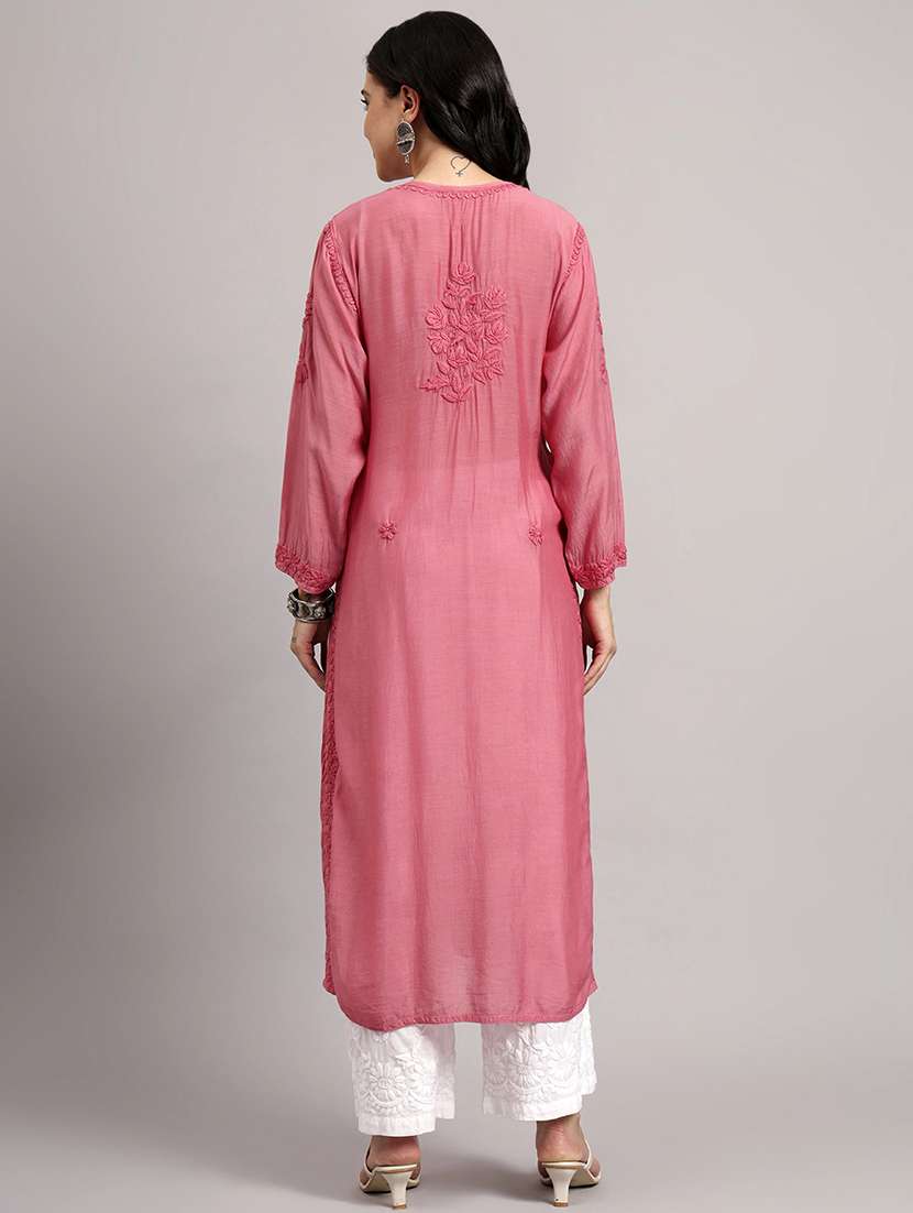 women long sleeve chikankari straight kurta - 22013538 -  Standard Image - 4