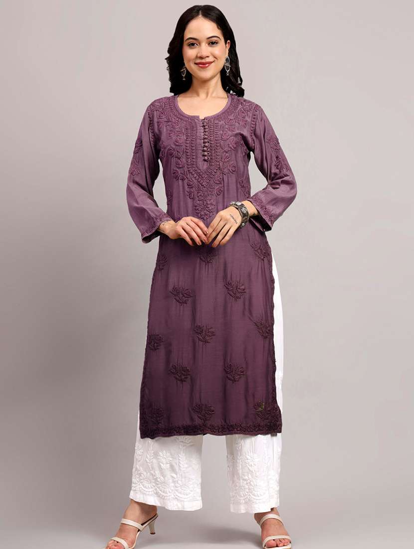 women long sleeve chikankari straight kurta - 22013540 -  Standard Image - 1