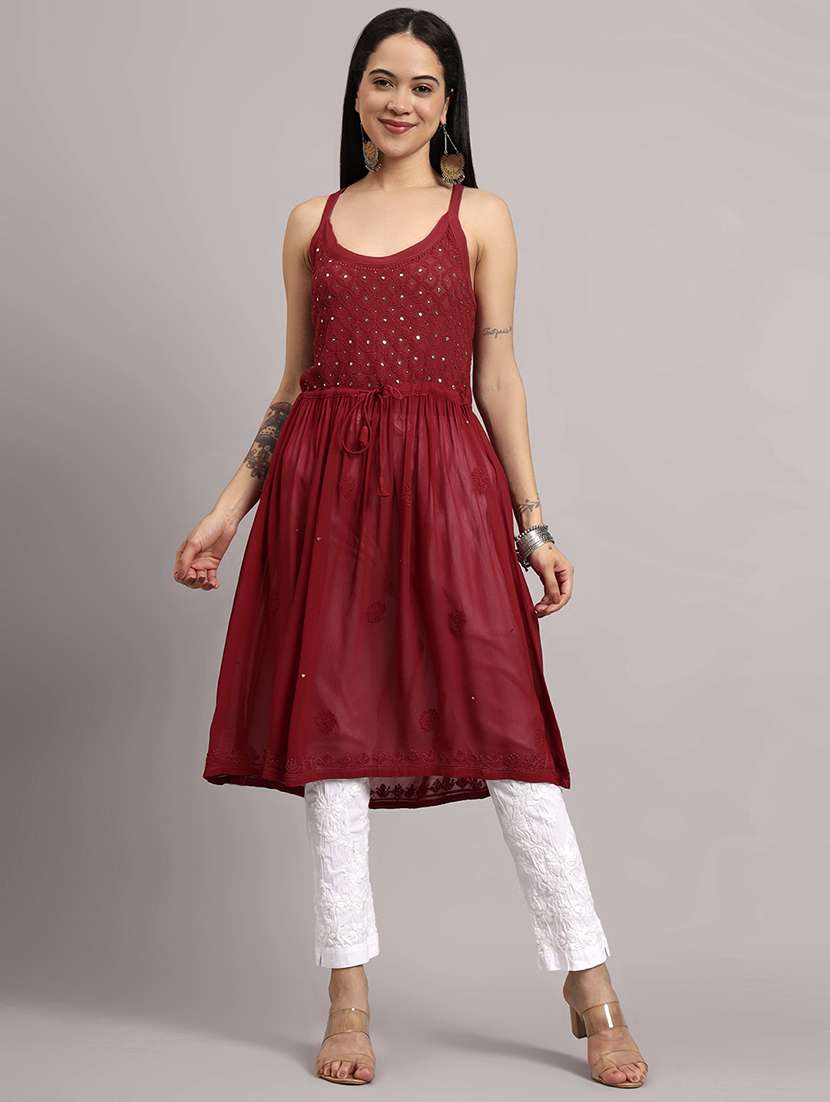 women embroidered shoulder strap flared kurta - 22013542 -  Standard Image - 1