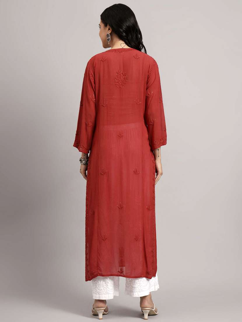 women long sleeve chikankari straight kurta - 22013543 - Standard Image - 4
