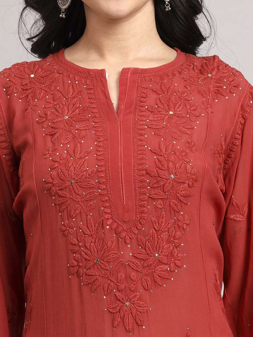 women long sleeve chikankari straight kurta - 22013543 - Standard Image - 6