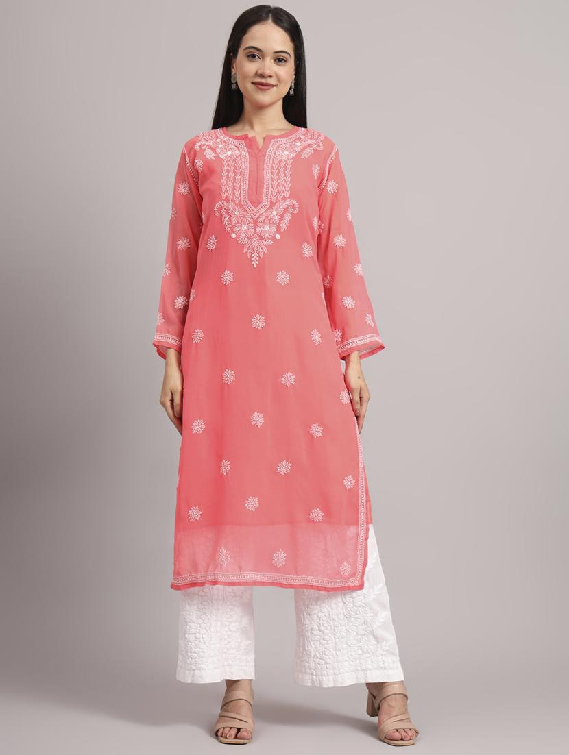 women long sleeve chikankari straight kurta - 22013544 -  Standard Image - 1