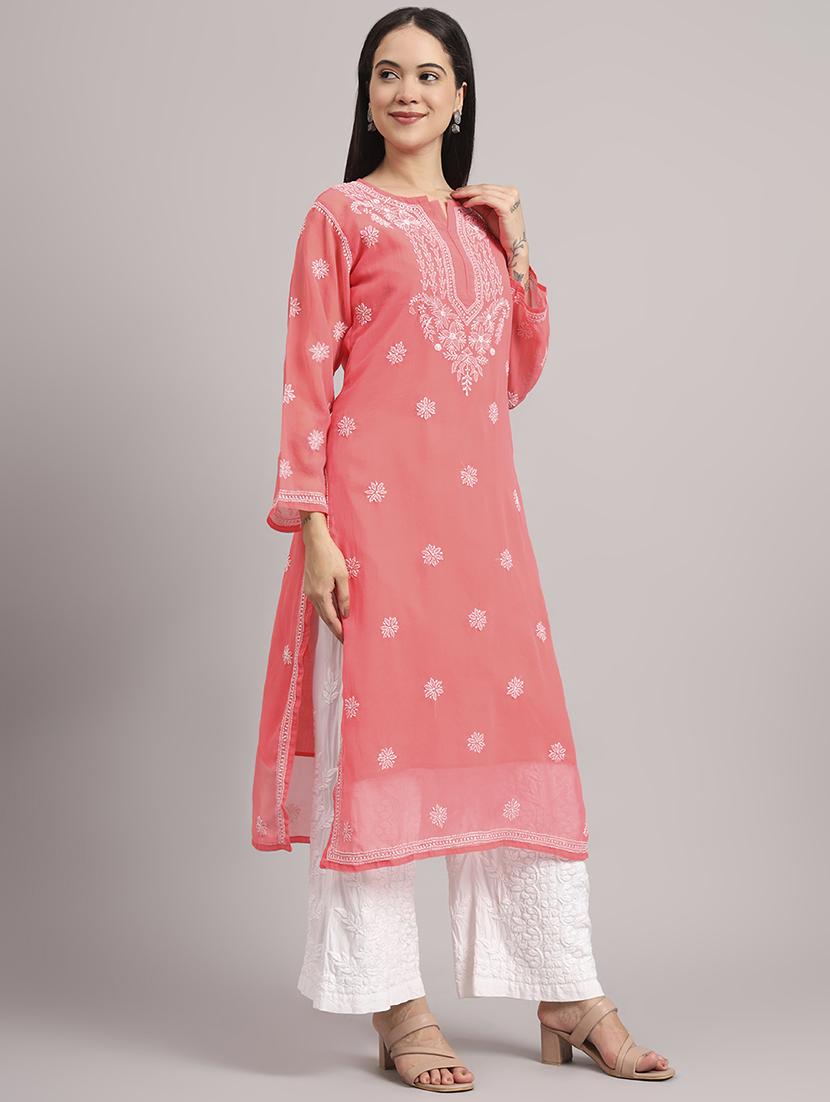 women long sleeve chikankari straight kurta - 22013544 - Standard Image - 4