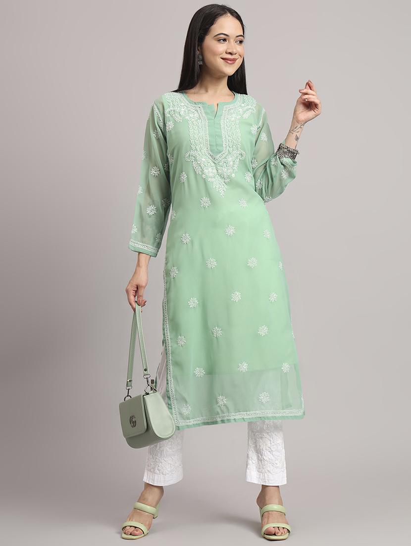 women long sleeve chikankari straight kurta - 22013545 - Zoom Image - 0