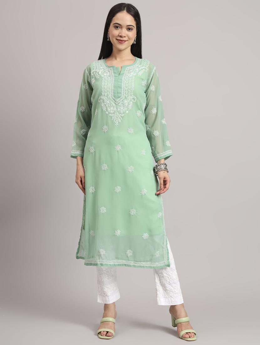 women long sleeve chikankari straight kurta - 22013545 -  Standard Image - 1