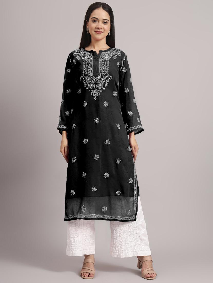 women long sleeve chikankari straight kurta - 22013546 - Standard Image - 1