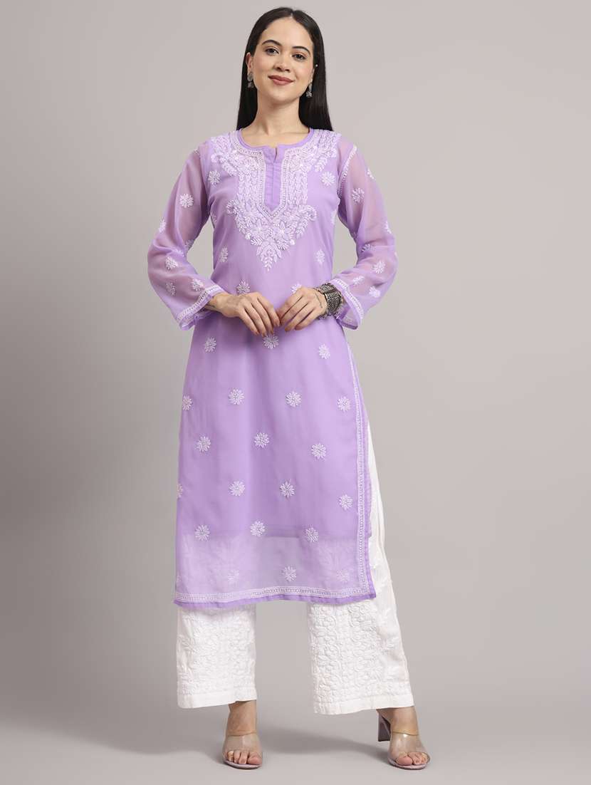 women long sleeve chikankari straight kurta with slip - 22013547 - Standard Image - 1