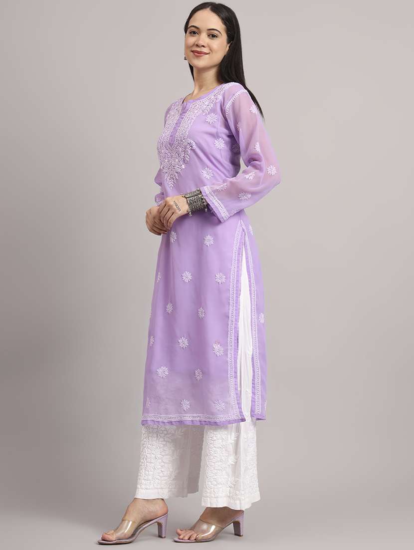 women long sleeve chikankari straight kurta with slip - 22013547 - Standard Image - 4