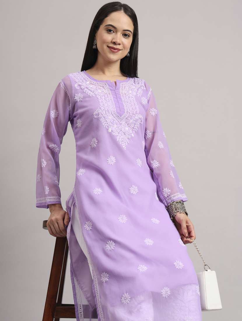 women long sleeve chikankari straight kurta with slip - 22013547 - Standard Image - 6