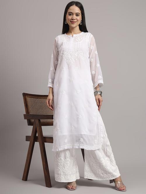 women long sleeve chikankari straight kurta with slip - 22013548 - Standard Image - 0