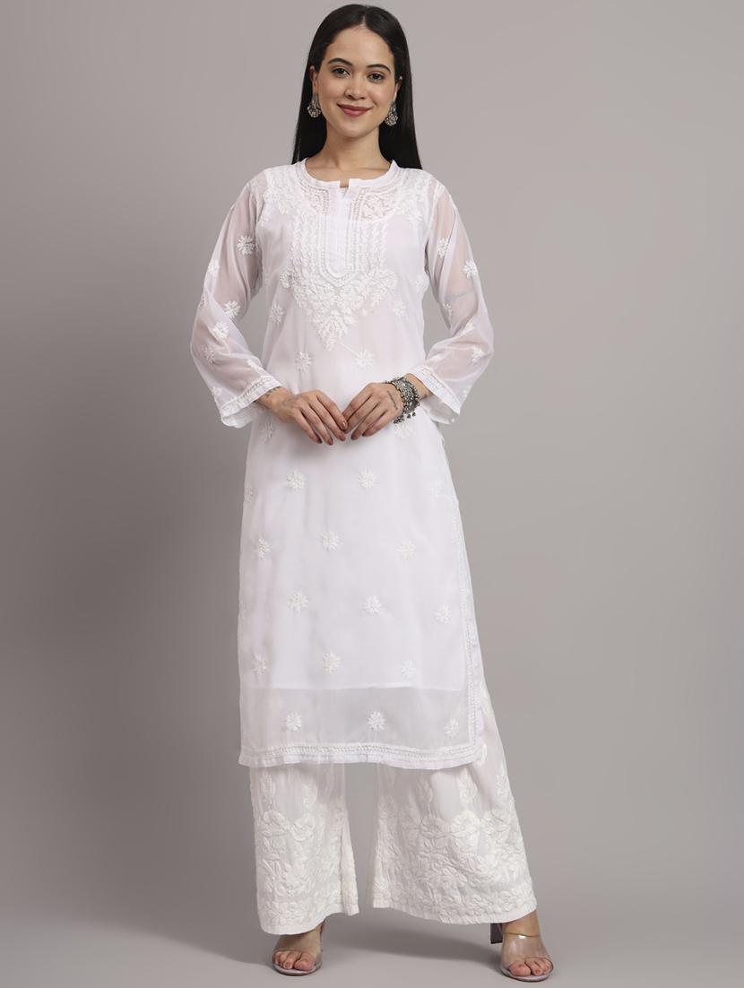 women long sleeve chikankari straight kurta with slip - 22013548 -  Standard Image - 1