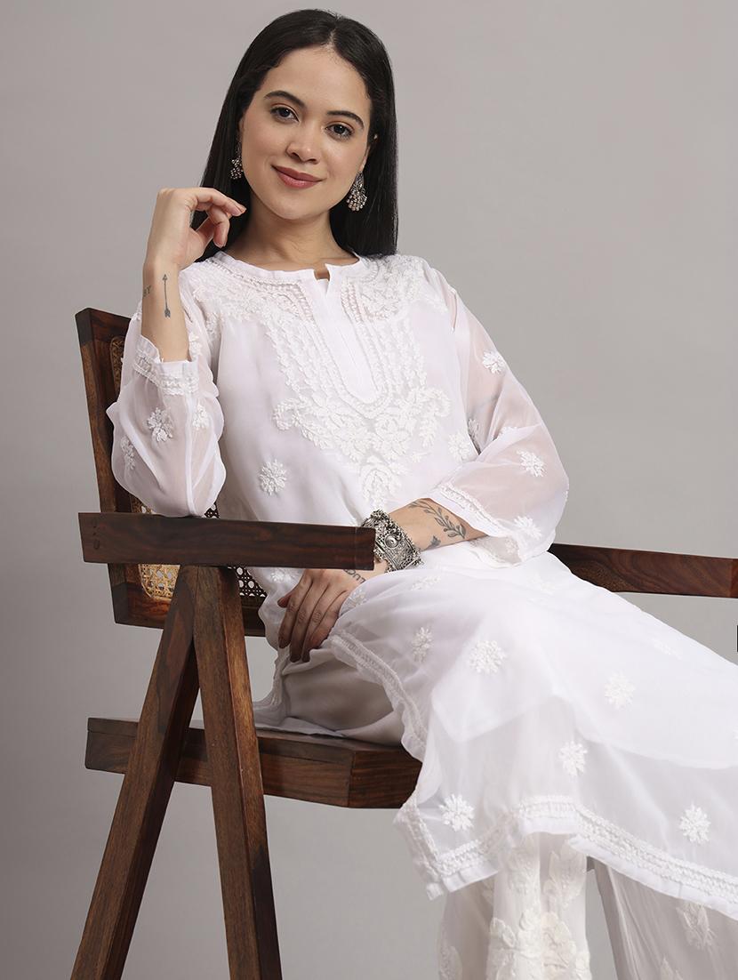 women long sleeve chikankari straight kurta with slip - 22013548 - Standard Image - 6