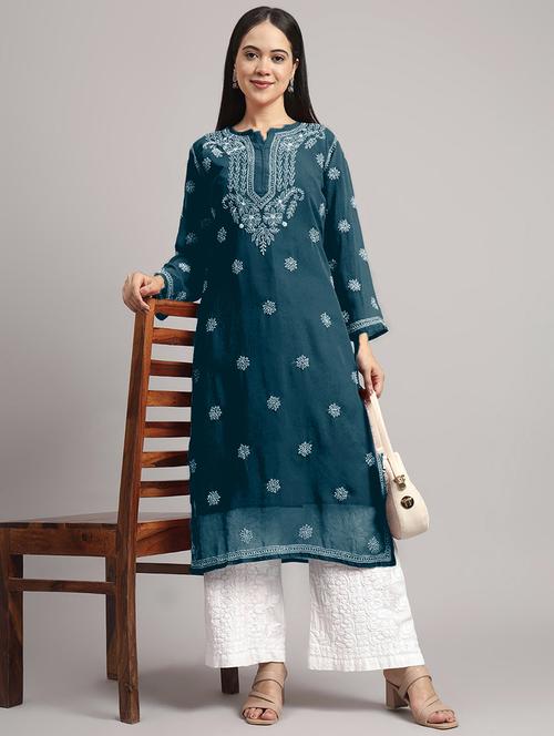 women long sleeve chikankari straight kurta - 22013549 - Standard Image - 0