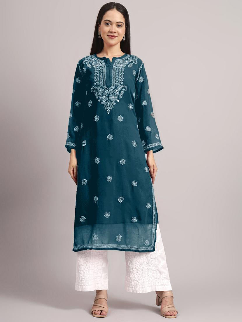 women long sleeve chikankari straight kurta - 22013549 -  Standard Image - 1