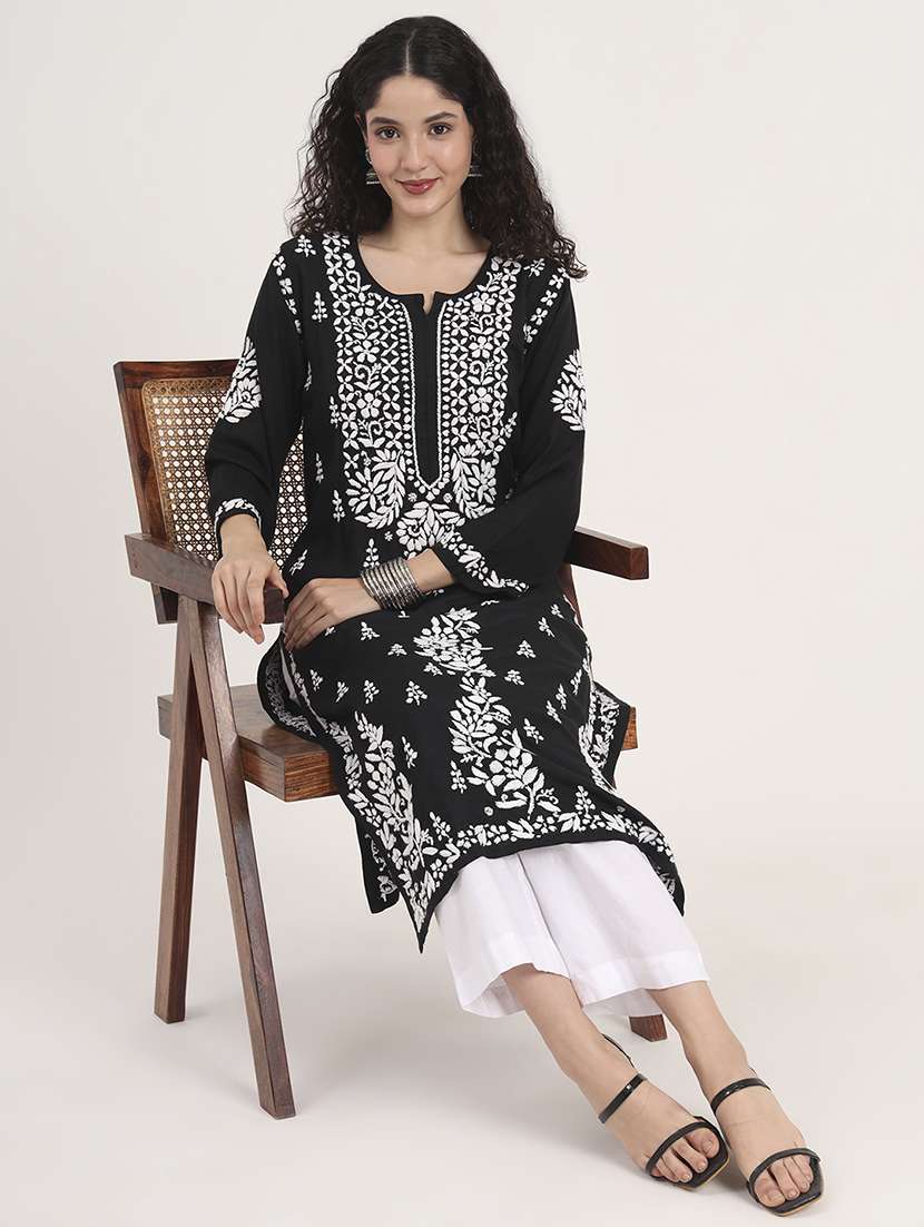 women long sleeve chikankari straight kurta - 22013551 -  Standard Image - 1