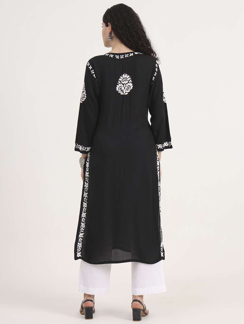women long sleeve chikankari straight kurta - 22013551 - Standard Image - 4