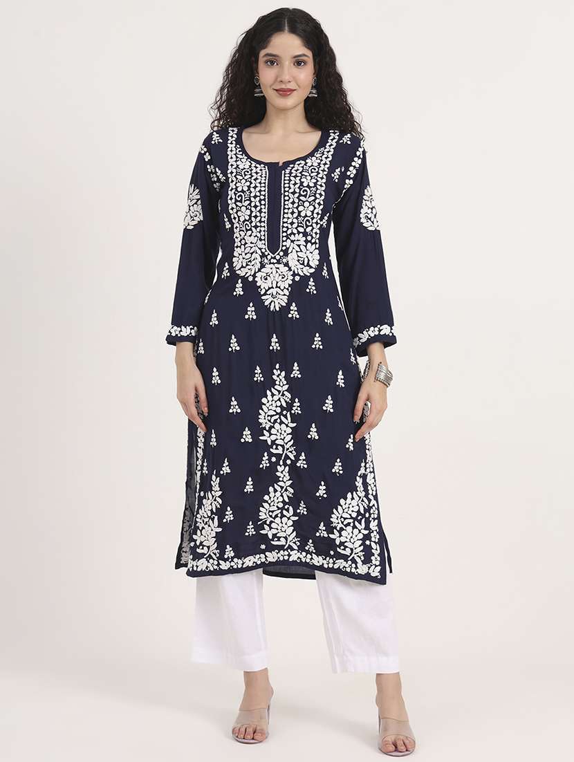 women long sleeve chikankari straight kurta - 22013552 -  Standard Image - 1