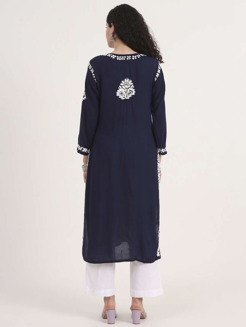 women long sleeve chikankari straight kurta - 22013552 - Standard Image - 4