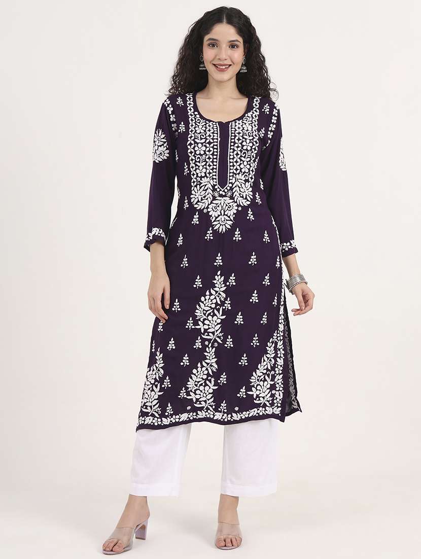 women long sleeve chikankari straight kurta - 22013553 -  Standard Image - 1