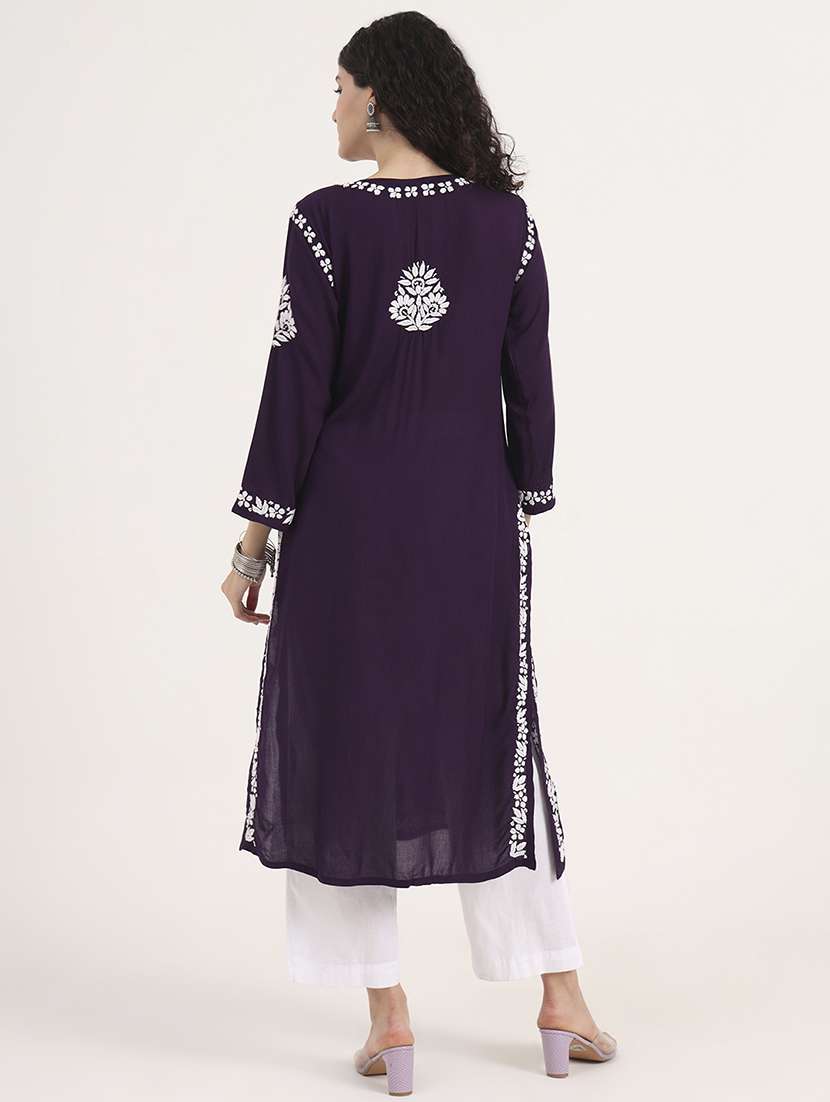 women long sleeve chikankari straight kurta - 22013553 - Standard Image - 4