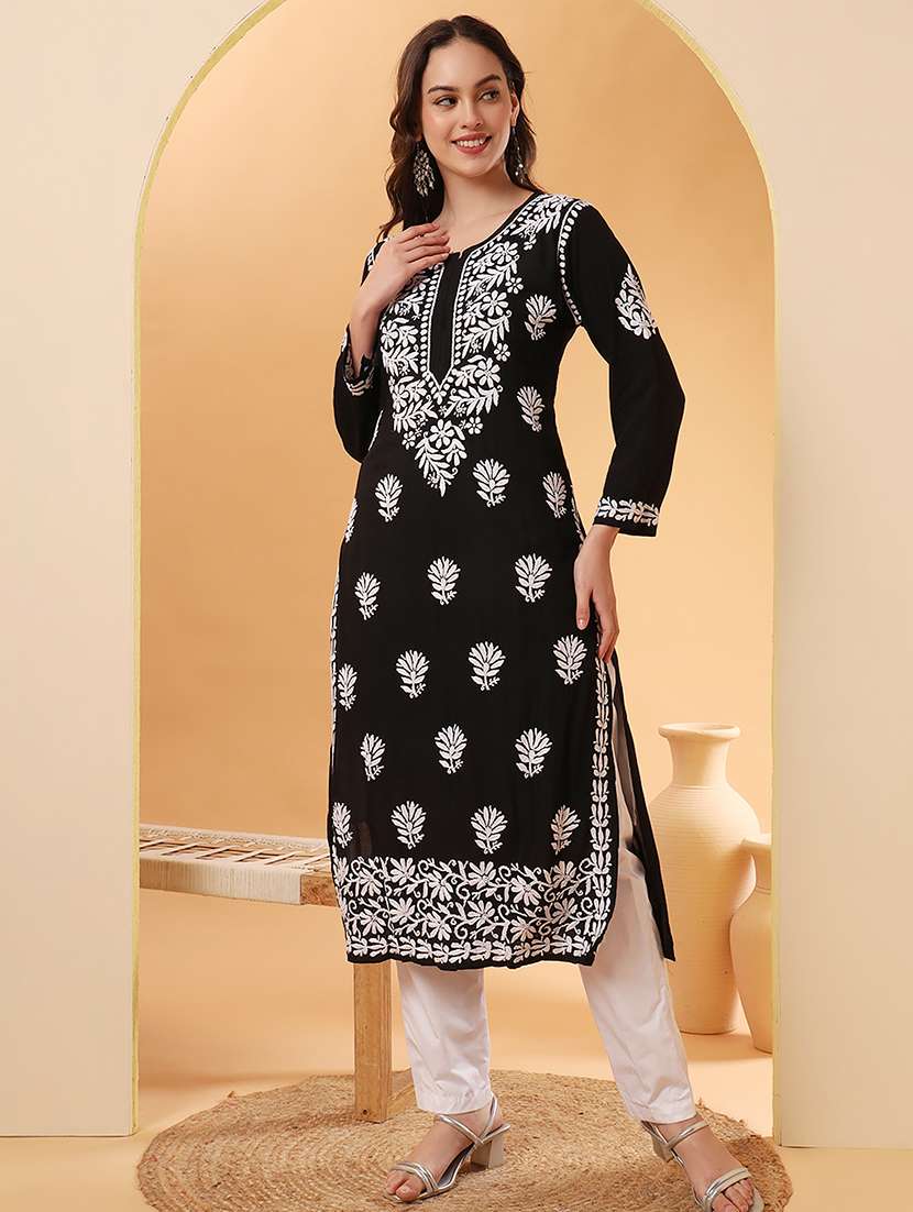 women long sleeve chikankari straight kurta - 22013554 -  Standard Image - 1