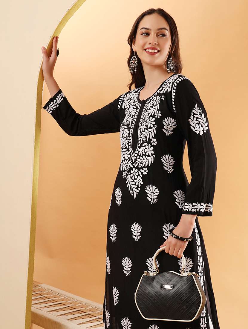 women long sleeve chikankari straight kurta - 22013554 - Standard Image - 4