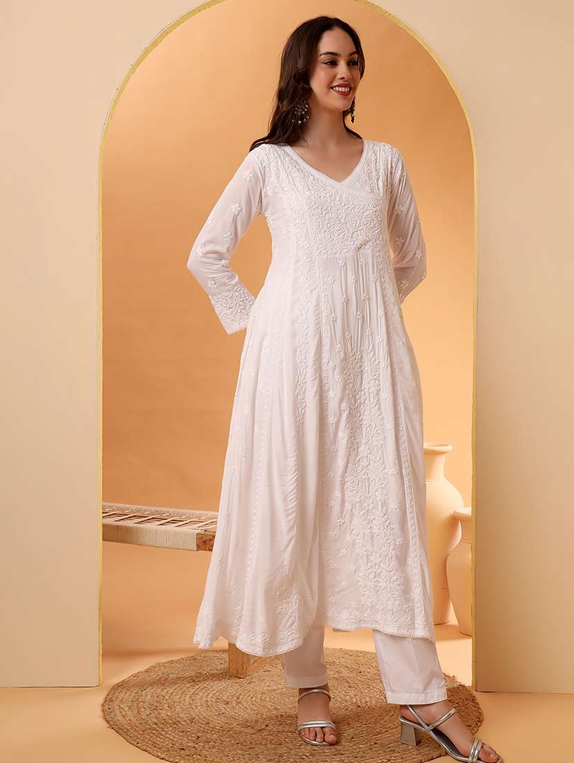 women long sleeve chikankari angrakha kurta - 22013555 - Standard Image - 1
