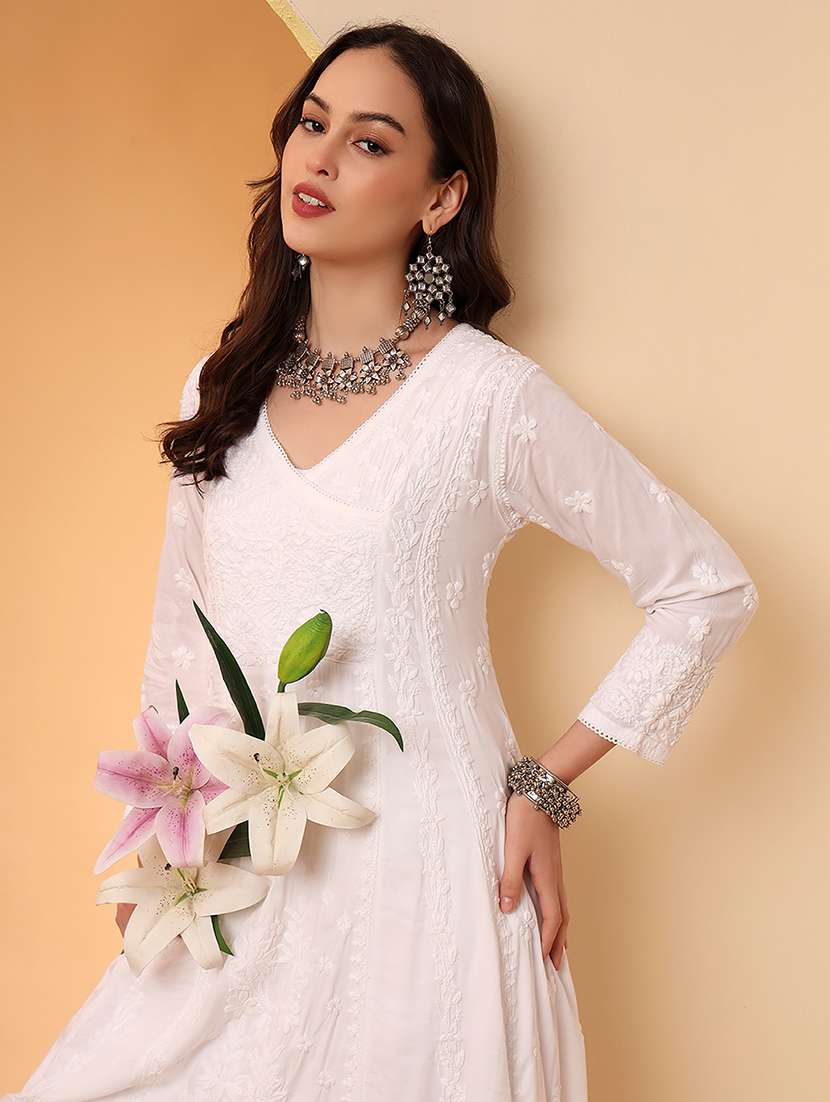 women long sleeve chikankari angrakha kurta - 22013555 - Standard Image - 4