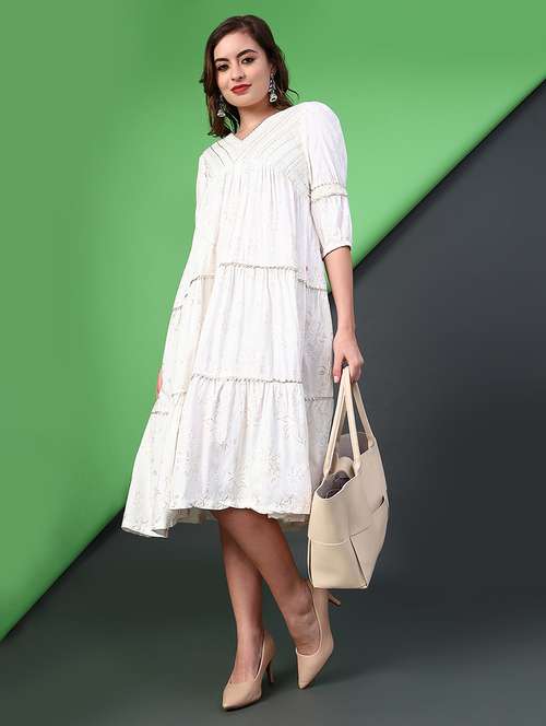 women printed puff sleeve tiered dress - 22014101 -  Standard Image - 0