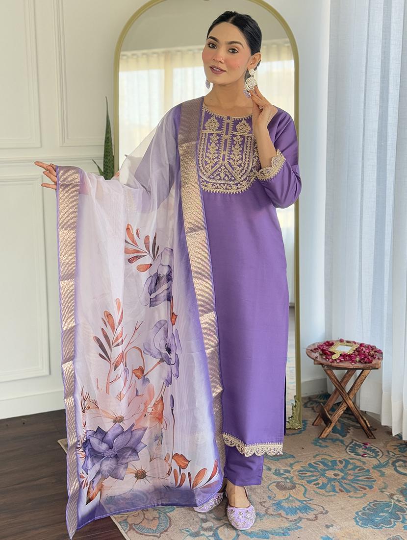 women embroidered three quarter sleeve kurta pant with dupatta set - 22014111 - Standard Image - 1