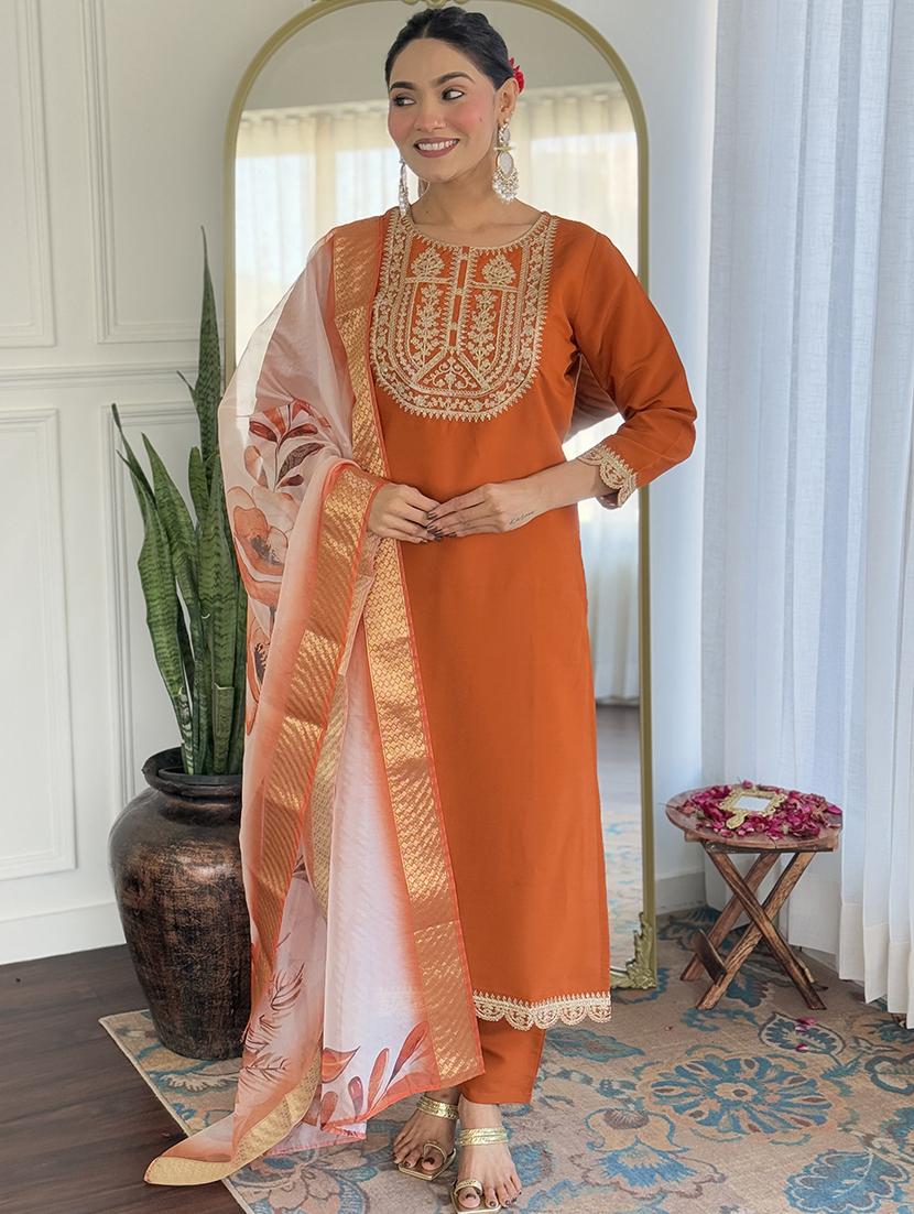 women embroidered three quarter sleeve kurta pant with dupatta set - 22014112 - Standard Image - 1