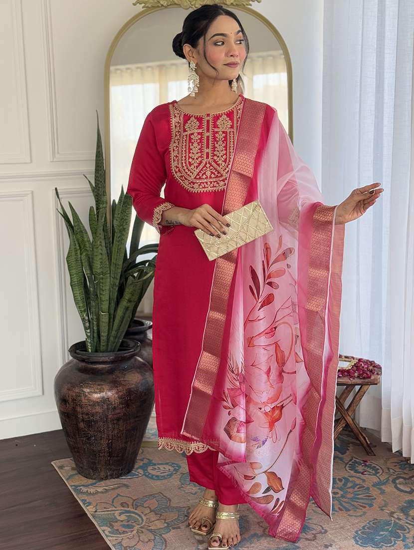 women embroidered three quarter sleeve kurta pant with dupatta set - 22014113 - Standard Image - 1