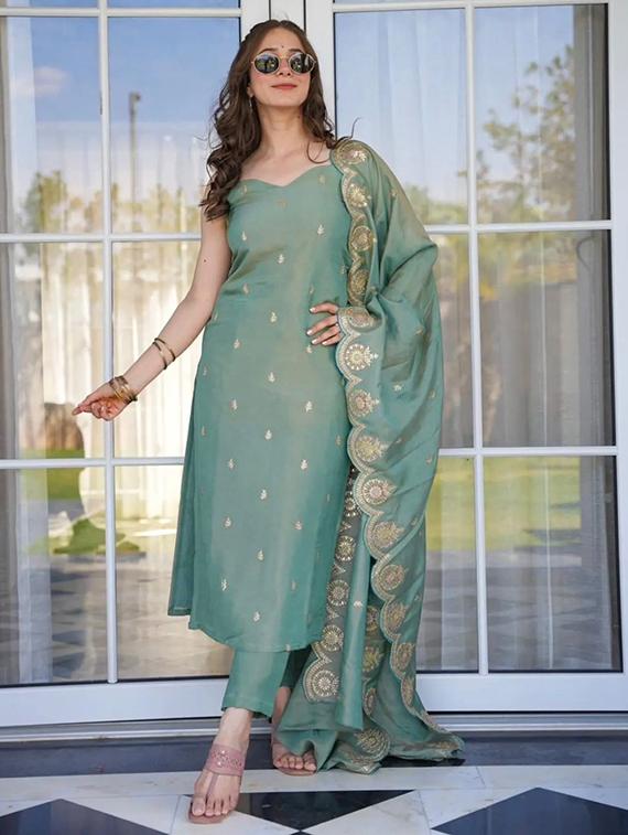 women embroidered sleeveless kurta pant with dupatta set - 22014124 -  Standard Image - 1