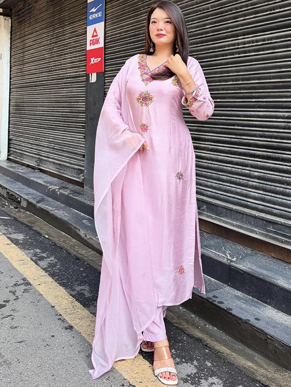 women embroidered three quarter sleeve kurta pant with dupatta set - 22014131 - Standard Image - 1