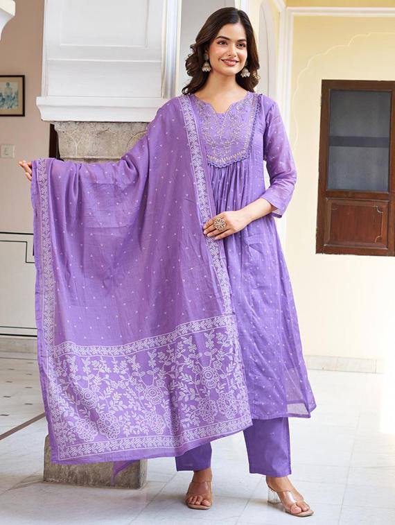women embroidered three quarter sleeve kurta pant with dupatta set - 22014132 -  Standard Image - 1
