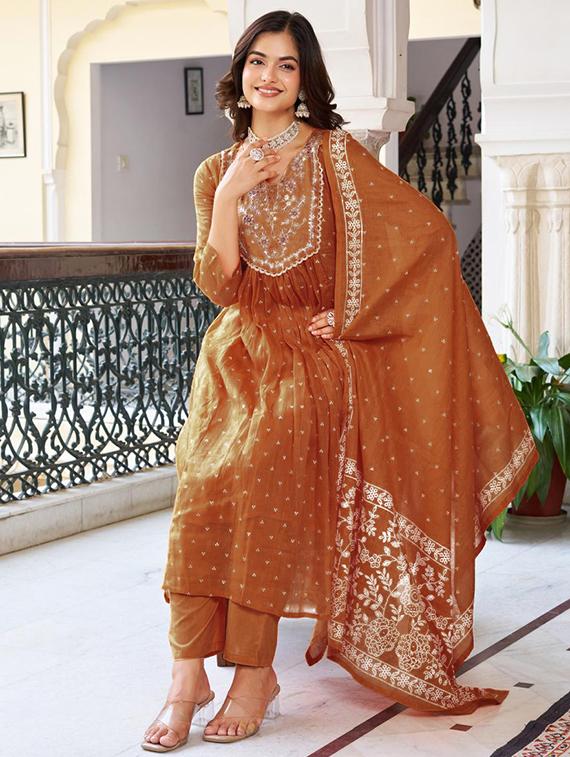 women embroidered three quarter sleeve kurta pant with dupatta set - 22014135 - Standard Image - 1