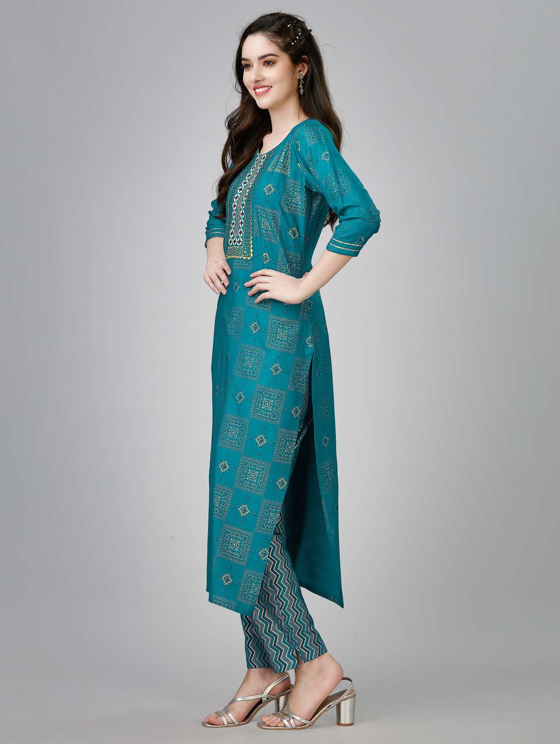 women printed three quarter sleeve kurta pant set - 22014148 -  Standard Image - 1