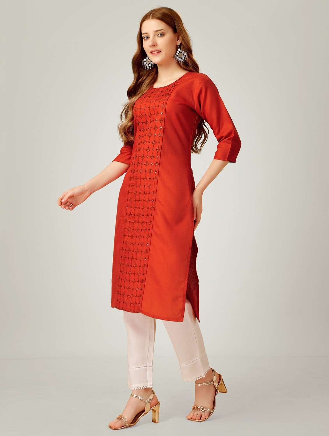 women embroidered three quarter sleeve kurta pant set - 22014149 - Standard Image - 1