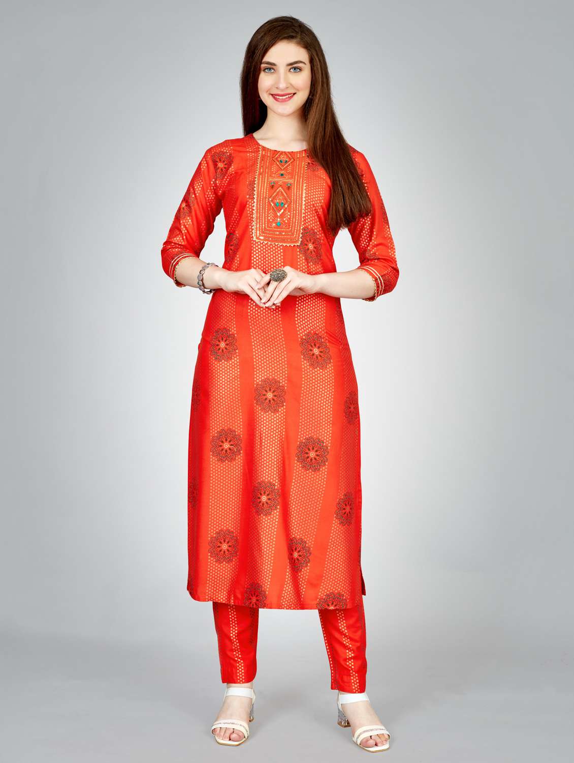 women embroidered three quarter sleeve kurta pant set - 22014151 -  Standard Image - 1
