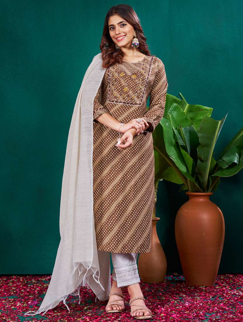 women three quarter sleeve kurta pant with dupatta set