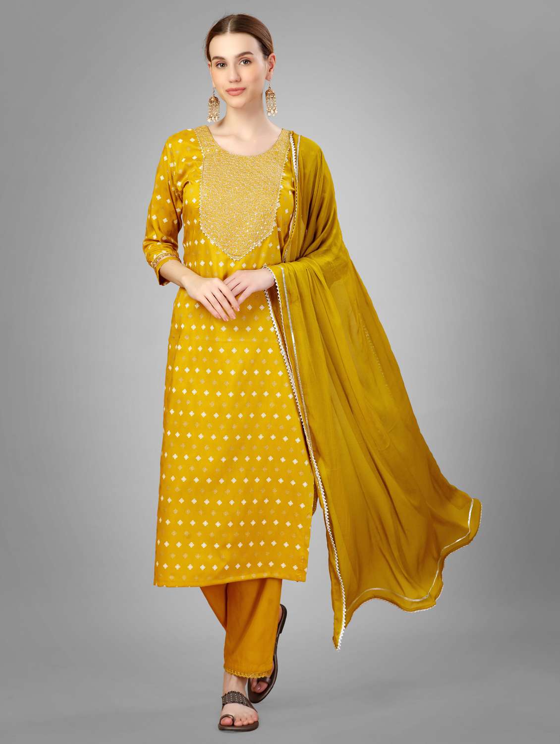 women three quarter sleeve kurta pant with dupatta set - 22014164 -  Standard Image - 1