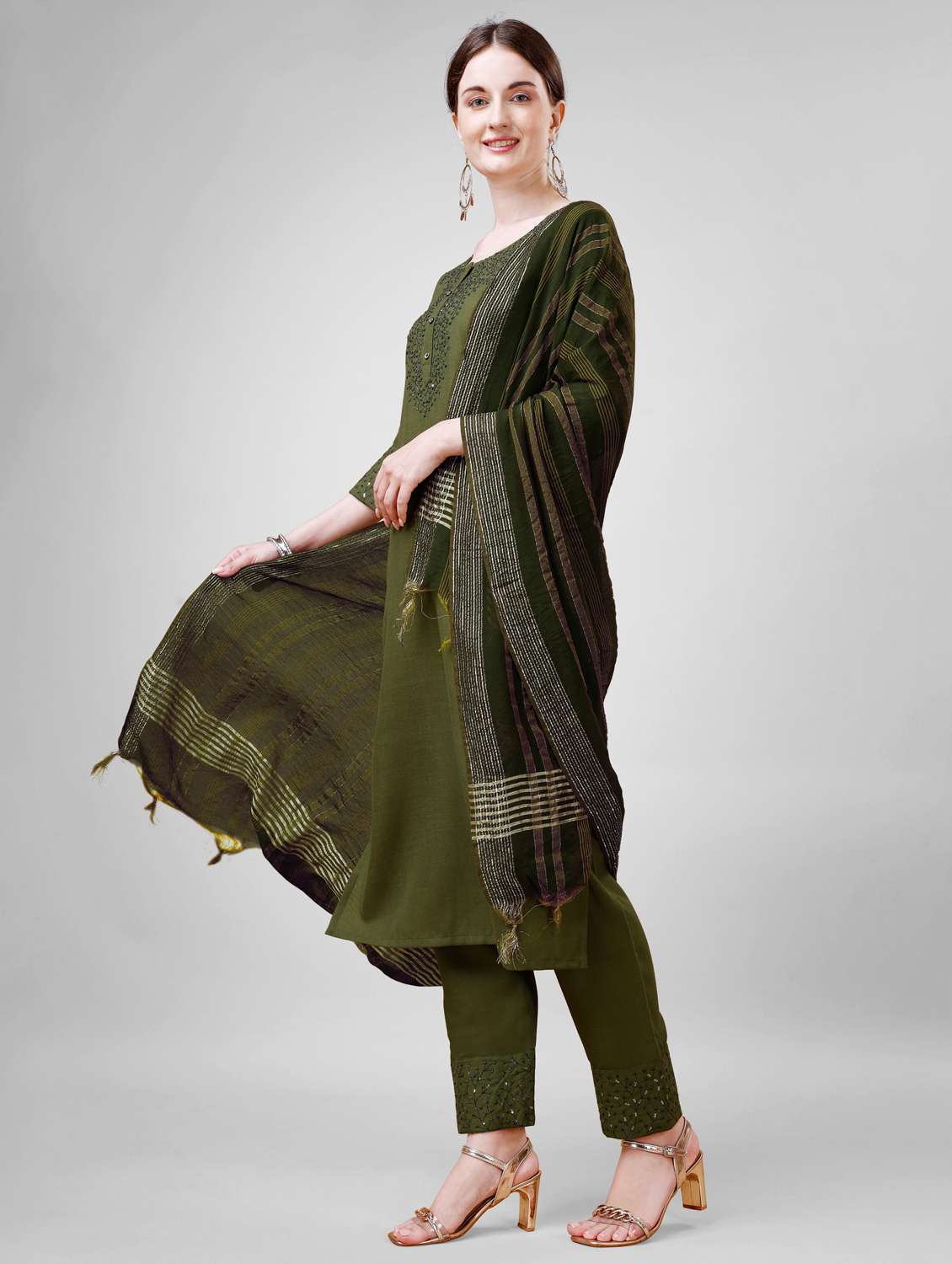 women embroidered three quarter sleeve kurta pant with dupatta set - 22014166 - Standard Image - 1